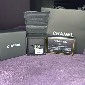 CHANEL Silver Crystal CC Logo Ring with Signature Box